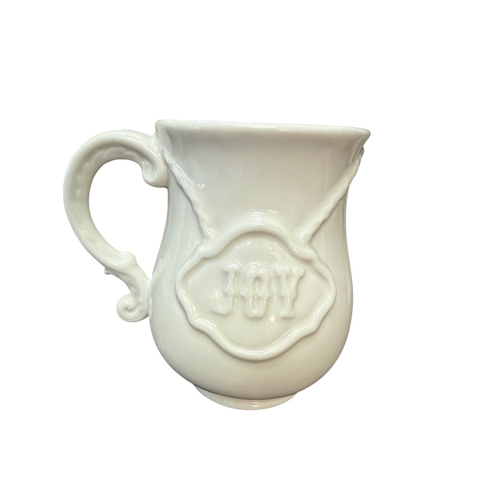 Jonathan Adler Anger and Joy White Ceramic Mug Ornate Scrolled Handle Glazed Cup